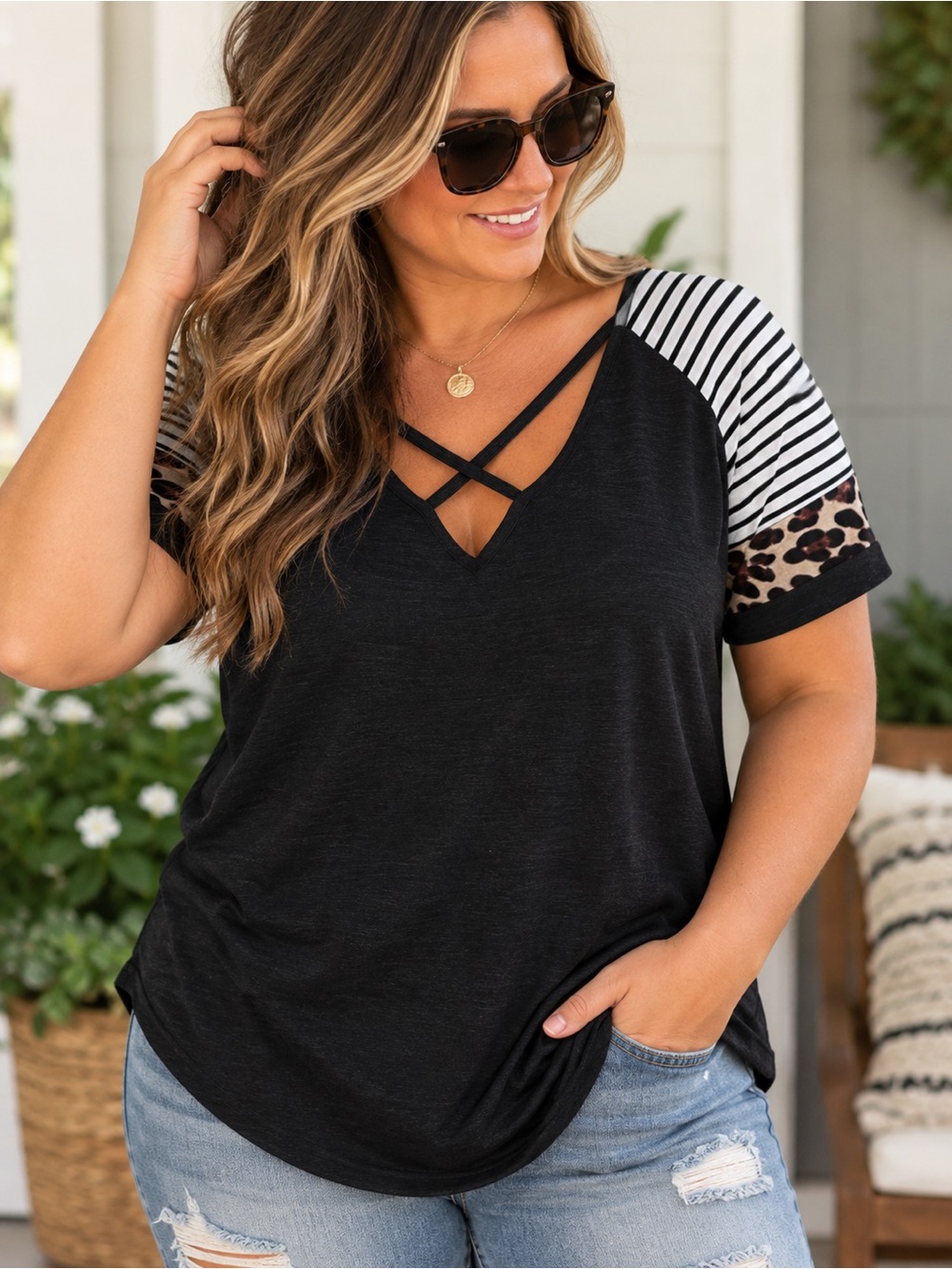 Plus Size Leopard Striped Criss Cross V Neck Top Black 3X